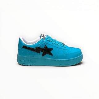 FWSports Shoes BAPE STA low-top sneakers in glossy blue patent leather with a black star logo and lace-up closure.