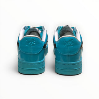 FWSports Shoes BAPE STA low-top sneakers in glossy blue and black patent leather, rear view showing heel branding.