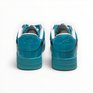 FWSports Shoes BAPE STA low-top sneakers in glossy blue and black patent leather, viewed from the back.