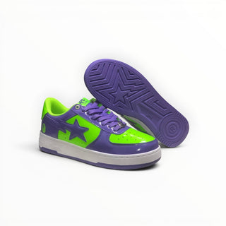 FWSports Shoes BAPE STA low-top sneakers in green and purple patent leather with a white midsole and star logo.