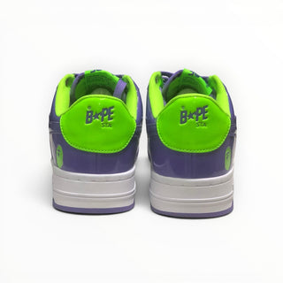 FWSports Shoes BAPE STA low-top sneakers in green and purple patent leather with white midsoles, rear view.