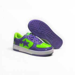 FWSports Shoes BAPE STA low-top sneakers in green and purple patent leather with a white midsole and star logo.