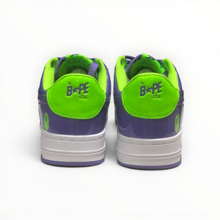 FWSports Shoes BAPE STA low-top sneakers in green and purple patent leather, showing the back heel view.