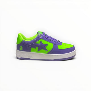 FWSports Shoes BAPE STA low-top sneakers in vibrant green and purple patent leather with signature star side logo.