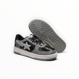 FWSports Shoes BAPE STA low-top sneakers in grey and black patent leather with signature star logo and rubber outsole.