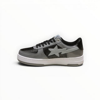 FWSports Shoes BAPE STA low-top sneakers in grey and black with signature star side panel and white rubber sole.