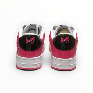 FWSports Shoes BAPE STA low-top sneakers in pink and black patent leather, viewed from the back.