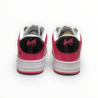 FWSports Shoes BAPE STA low-top sneakers in pink and black patent leather, rear view showing branded heel tabs.