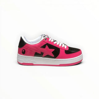 FWSports Shoes BAPE STA low-top sneakers in pink and black patent leather with signature star logo and white midsole.