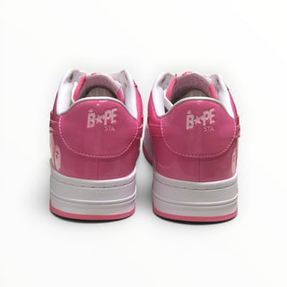 FWSports Shoes BAPE STA low-top sneakers in glossy pink and white patent leather, rear view showing branded heel tabs.
