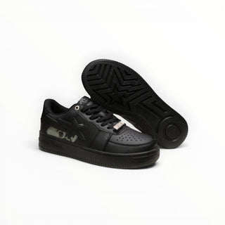 FWSports Shoes BAPE STA low-top sneakers in triple black with signature star logo and durable rubber outsole.