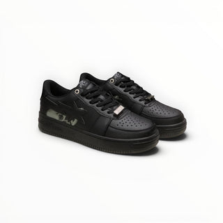 FWSports Shoes BAPE STA low-top sneakers in triple black with signature star logo and lace-up closure.