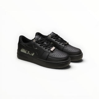 FWSports Shoes BAPE STA low-top sneakers in triple black with signature star logo and lace-up closure.