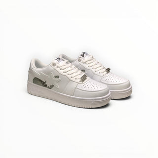 FWSports Shoes BAPE STA low-top sneakers in triple white with signature star logo and lace-up closure.