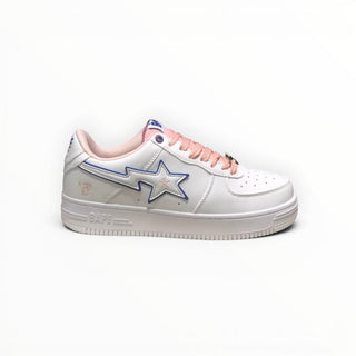 FWSports Shoes BAPE STA low-top sneakers in white and peach with a blue star logo and lace-up closure.