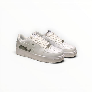 FWSports Shoes BAPE STA low-top sneakers in triple white with signature star logo and lace-up closure.