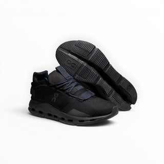 FWSports Shoes black On Cloudnova running sneakers with sock-like upper and CloudTec cushioning on white background