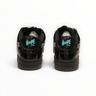 FWSports Shoes BAPE STA low-top sneakers in black patent leather with teal logo embroidery on the heel
