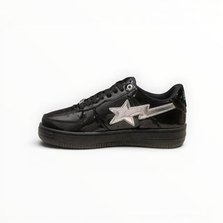FWSports Shoes black patent leather BAPE STA low-top sneakers with a silver star logo and lace-up closure.