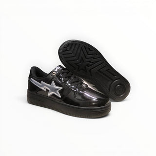 FWSports Shoes black patent low-top sneakers with a silver star logo and durable rubber outsole.
