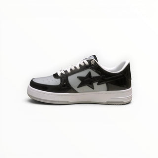 FWSports Shoes black and white low-top sneakers featuring a star side logo and lace-up closure for casual streetwear.