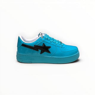 FWSports Shoes BAPE STA low-top sneakers in glossy blue with a black star logo and lace-up closure.