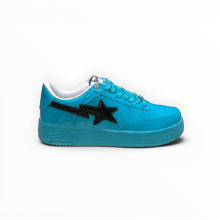 FWSports Shoes BAPE STA low-top sneakers in glossy blue patent leather with a black star logo and lace-up closure.