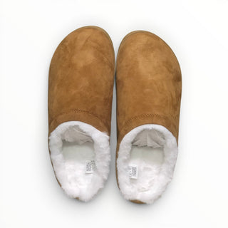 FWSports Shoes brown faux fur recovery slippers with a plush white lining and slip-on design for indoor comfort.