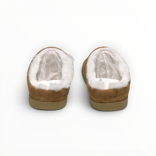 FWSports Shoes Alo Yoga brown recovery slippers with plush white faux fur lining and open-back slip-on design.