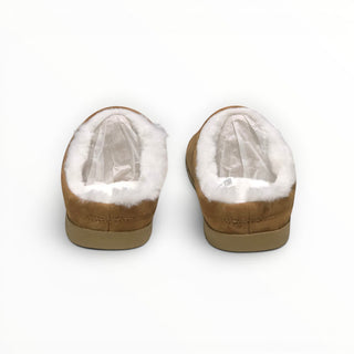 FWSports Shoes brown faux fur recovery slippers with plush white lining, shown from the back view.