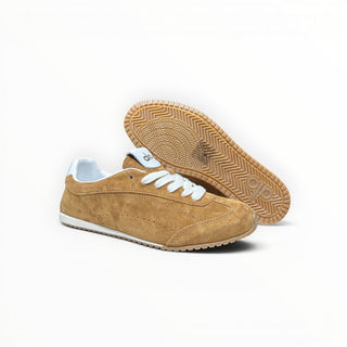 FWSports Shoes Alo Yoga Sunset brown suede low-top sneakers with white laces and a gum rubber outsole.
