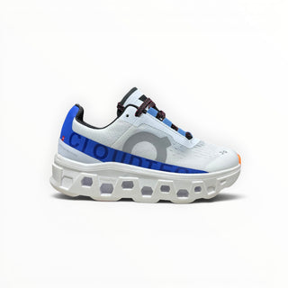 FWSports Shoes Cloudmonster men's running shoe in frost white and cobalt blue with oversized CloudTec cushioning.