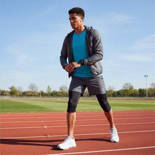 FWSports Shoes model wearing grayish purple On Running Cloudmonster sneakers on a running track