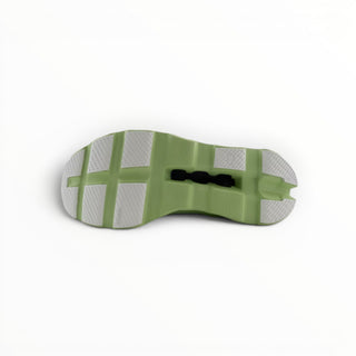 FWSports Shoes On Cloudmonster women's running shoe outsole in macaron green with white traction pads