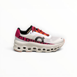 FWSports Shoes women's Cloudmonster running shoe in undyed white mesh with Aurora Pink accents and thick CloudTec sole