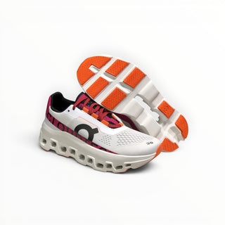 FWSports Shoes On Cloudmonster women's running shoes in undyed white and aurora pink with thick cushioned CloudTec soles.