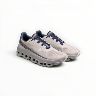 FWSports Shoes On Cloudmonster men's running shoes in gray, purple, and pearl white with breathable mesh and CloudTec