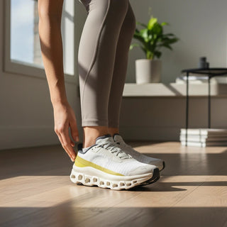 FWSports Shoes On Running Cloudmonster Void beige and yellow running sneakers with thick CloudTec cushioning on a model