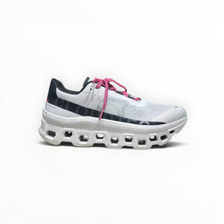FWSports Shoes Cloudmonster men's running shoe in white with black details and bright pink laces