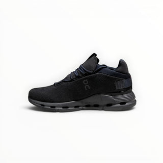 FWSports Shoes CLOUDNOVA women's black running sneaker with sock-like upper and CloudTec cushioning, side view.
