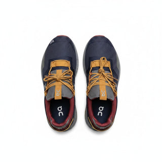FWSports Shoes Cloudnova men's running shoes in denim blue with tan laces and grey details, top-down view.