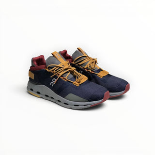 FWSports Shoes Cloudnova men's running sneakers in denim blue with grey, mustard yellow, and burgundy accents.