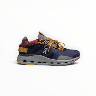 FWSports Shoes Cloudnova men's running sneakers in denim blue with mustard yellow laces and grey CloudTec sole.