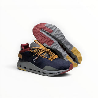 FWSports Shoes Cloudnova denim blue running sneakers with sock-like upper, CloudTec cushioning, and multi-tone outsole.