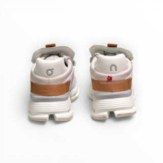 FWSports Shoes Cloudnova men's running shoes in pearl white, showing the rear view with tan heel detailing.
