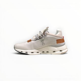 FWSports Shoes Cloudnova women's running sneaker in pearl white with breathable mesh and brown leather accents.