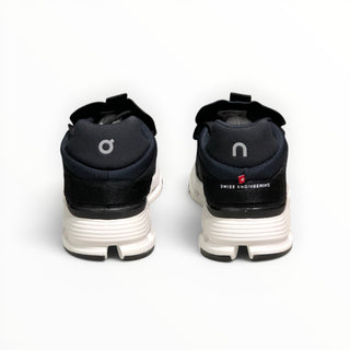 Rear view of FWSports Shoes CLOUDNOVA women's running shoes in black and white with Swiss Engineering branding.