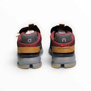 Rear view of FWSports Shoes Cloudnova women's running shoes in denim blue with burgundy and tan accents.