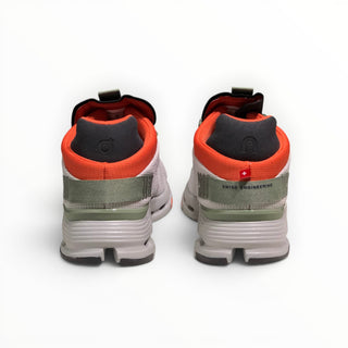 FWSports Shoes Cloudnova men's running sneakers in white, orange, and dark green with a sock-like heel design.