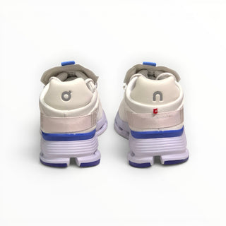 Rear view of FWSports Shoes Cloudnova men's running sneakers in white and ultramarine blue with CloudTec cushioning.